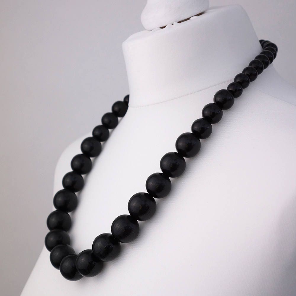 Long Black Wooden Bead Necklace Chunky Black Necklace Long