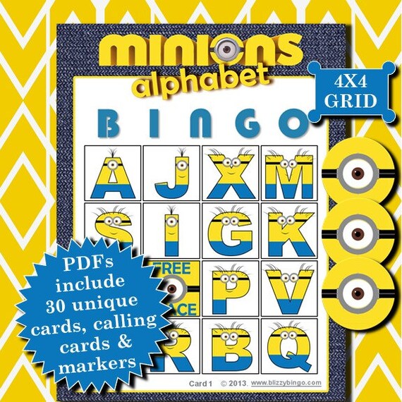 Minions Alphabet 4x4 Bingo printable PDFs contain everything