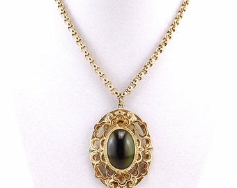 Long Intricate Vintage Whiting and Davis Necklace With Moss Green Art Glass Pendant