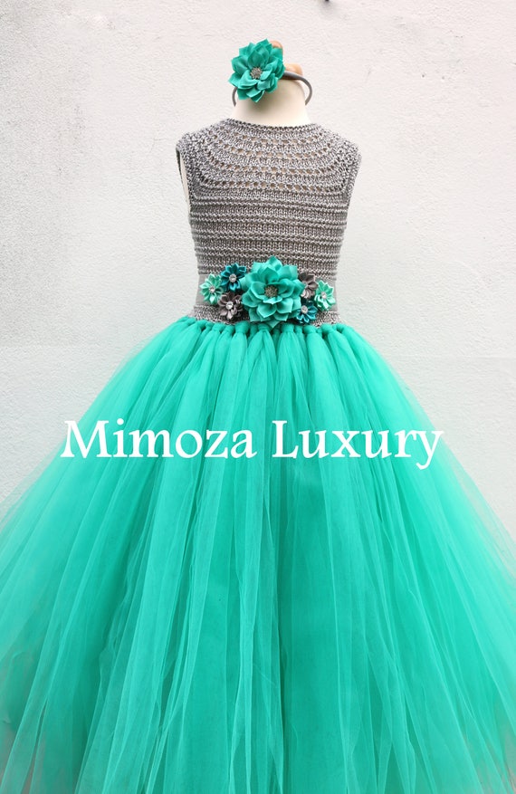 Teal green & Silver Flower girl dress, teal green tutu dress, bridesmaid dress, princess dress, silver crochet top teal green tulle dress