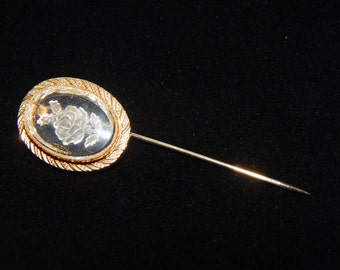 Vintage Gold Stick Pin Gold Tone Intaglio Rose Flower Stick Hat Pin