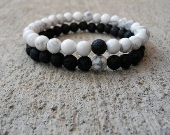 Couple Bracelet,Set (2) Bracelet, Friends Bracelet, Distance Bracelet, Black Lava Rocks, White Howlite Bracelets