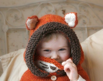 Knit fox hood cowl Rene - PDF knitting pattern - in baby, toddler, child and adult sizes