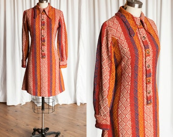 70's Red with Black and White Embroidered Stripe Cotton Shift Dress main image 0