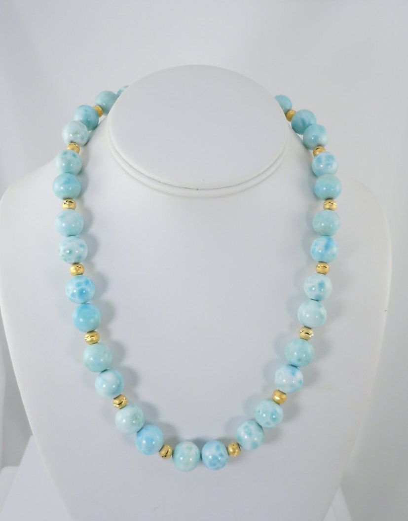 Larimar Bead Necklace 12.58mm Beads Gold Plated Beads Bead