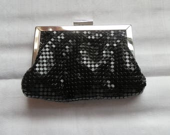 Small Vintage Black Evening Clutch Bag / Purse with Silver Tone Clasp and Red Lining