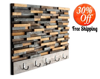 Key holder.wall key holder.key hook.key rack.key holder wall.organizer.decorative wall key holder.entryway organizer (Wood Tile Coat Rack)