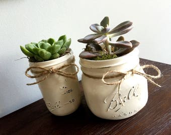 SUCCULENT PLANT | Real | One (1) Mason Jar Succulents; Indoor Garden; Succulent Plant; Live Plant; Distressed Mason Jar