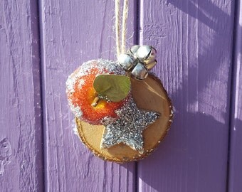 Silver Yule Decor, Yuletide Tree, Wooden Ornament, Pagan Christmas, Wreath Trinket, Wiccan Altar, Witch Home, Pentagram Decoration, Glitter
