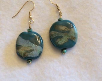 Kazuri Sea Green Bead Earrings, Ceramic Earrings, Teal Earrings, Kazuri Earrings