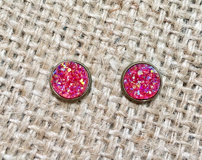 Pink Galaxy Studs, Druzy Stud Earrings, Pink Druzy Studs, Faux Druzy Earrings, Druzy Jewelry, Strawberry Studs, Pink Stud Earrings