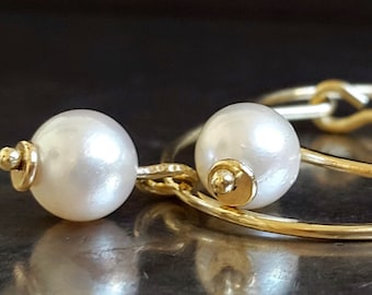 Pearl Earrings, Akoya White Pearls, 14K Gold Hoops, Yellow Gold , Genuine Japanese Pearls, Perfectly Matched Round Pearls, Classic Earrings