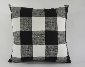 SET OF TWO Decorative Throw Pillow Black and White Buffalo Check Print on Medium Weight Cotton