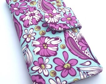 Women's Wallet, Fabric Clutch Wallet, Vegan Wallet, Aqua and Purple Flowers