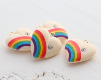 Vintage Acrylic Heart Pendants with Rainbow and Rhinstone - German - Off White/Cream - 4 Pendants