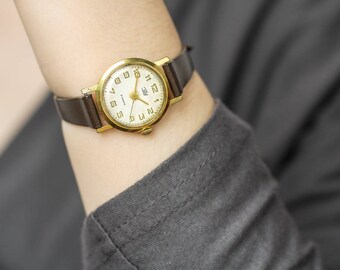Vintage gold plated ladies watch Zaria (Dawn) – classic wrist watch woman – leather watch women – soviet mechanical watch – gift for her 70s