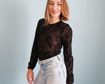 Sheer Black Mesh Long Sleeve with Velvet Floral Pattern