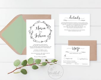 Rustic Wedding Invitation Template, Printable Wedding Invitations, Boho Wedding Invite, RSVP & Details Card, Editable PDF Template