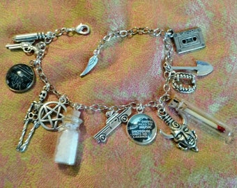Supernatural Themed Charm Bracelet - 14 Charms! - Dean Winchester, Sam Winchester, Castiel