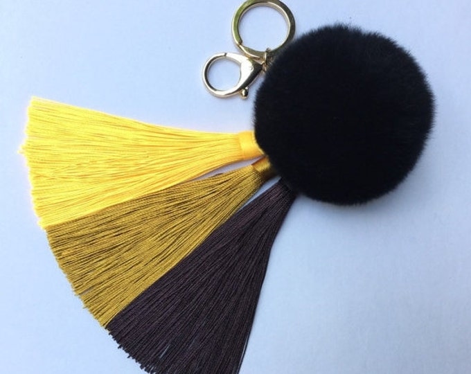 Yellow/Brown Gradient Tassel Handbag Charm Fur Pom Pom ball keychain