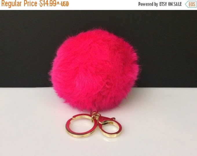 NEW! Faux Rabbit Fur Pom Pom bag Keyring Hot Couture Novelty keychain pom pom fake fur puff ball hot pink