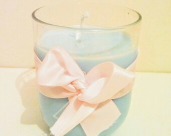 Craft candle natural wax of pastel blue colza, handmade in France, decor pastel pink ribbon, Christmas gift