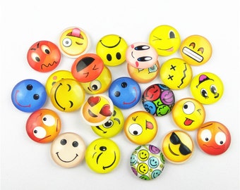 10 Emoji Faces Mixed Round Glass Cabochons Flat Back Jewellery Making 12mm 059