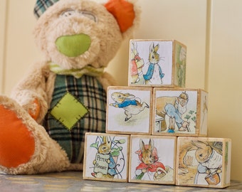 nursery decor, wooden blocks, peter rabbit, baby blocks, stacking toys, baby boy gift, baby girl gift, toy blocks