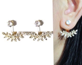 Micro Crystal CLIP-ON Ear Jackets Earrings 16C Gold Leaf Wedding Clip on Earrings Rhinestone Clip on Bridal Clip on Non Pierced Earrings