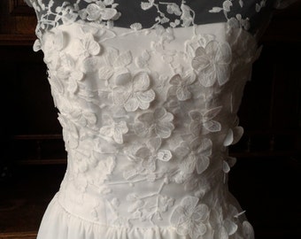 Vintage Inspired Tea Length Wedding Dress with Lace Corset, Illusion Lace Neckline, V Shaped Back Cutout, Sweetheart, Chiffon Skirt