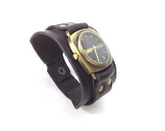 Leather watch, Black leather Watch, Handmade Leather Watch, Men's Watch, Women's Watch, Bronze Watch, Leather Watch Strap, Every day bag