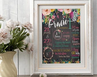 Boho Birthday Chalkboard Poster - Baby Girl Birthday - First Birthday - 1st birthday - Rustic Rose Vintage Bohemian Floral - Digital File