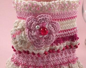 Pink and Ivory Freeform Crochet Cuff Bracelet