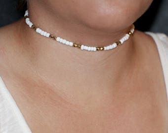 White and Gold Beaded Choker
