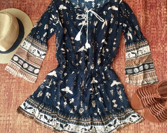 Boho dress Bohemian style Long sleeve Gypsy summer Clothing Beachwear party festival fashion gift for her Black white