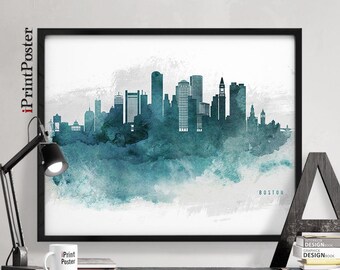 Boston poster, Boston watercolour print, Massachusetts, Travel, Art, Home Decor, Painting, Blueish, Wall art, City prints, iPrintPoster.