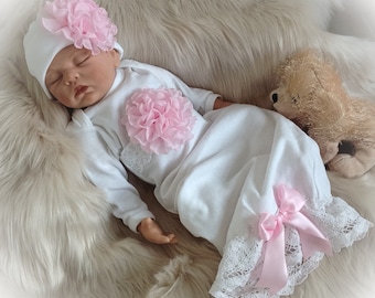 Newborn Girl Coming Home Outfit, Newborn Girl Gown, White and Pink Coming Home Outfit, Baby Girl Take Home Outfit, Newborn Girl Layette