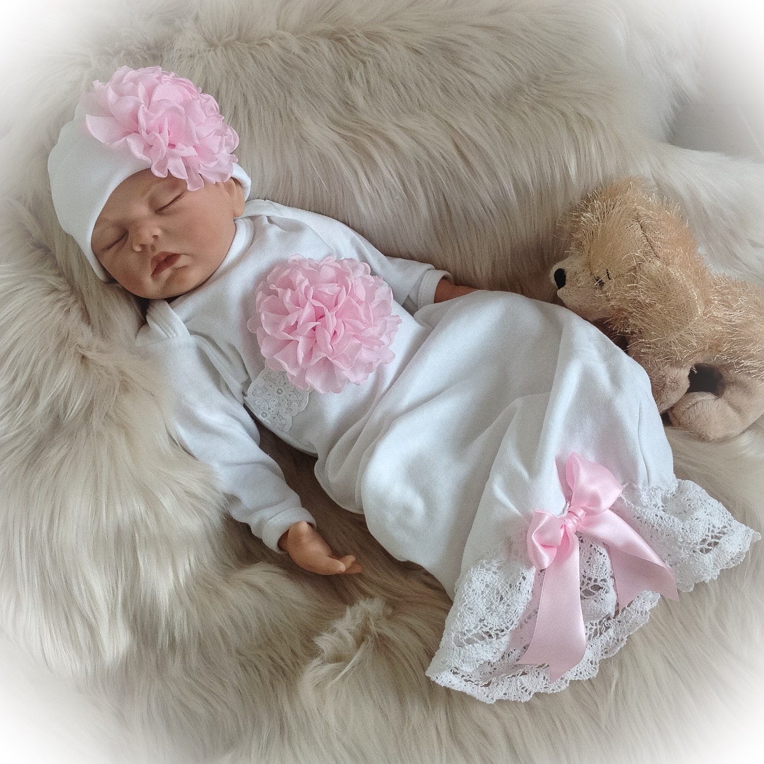 Newborn Girl Coming Home Outfit, Newborn Girl Gown, White and Pink