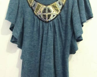A GLAM Vintage 90's,ANG0RA Blend,Teal Green BAT WING Top By Tara.M