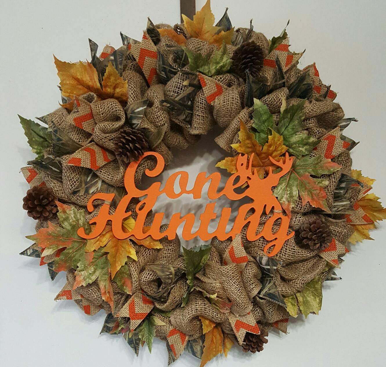 Gone Hunting Burlap with Camo Wreath