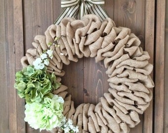 Spring wreath - Green Hydrangea Wreath - Burlap wreath with green hydrangeas - Year-round wreath