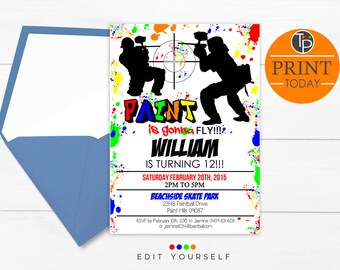 PAINTBALL INVITATION, Instant Download, Paintball Invitations, Paintball Party Invitation, Paintball Birthday Invitation, Edit yourself