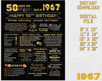 50th birthday chalkboard, 1967 USA events, 50th birthday party decoration, chalk blackboard milestone sign Digital INSTANT DOWNLOAD 1-d1