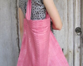 Pink Python Leather Slouchy Hobo Tote, Soft Leather Large Tote