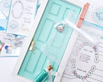 Mint Tooth Fairy Door Kit, Teal Fairy Door, Tooth Fairy Receipts, Lost Tooth Chart, Tooth Fairy Charms, teal fairy dust