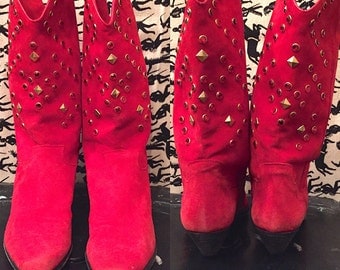 Vintage 1970s 1980s Red Suede Western Boots Italian SUEDE Cowboy Boots Leather Boots Retro Disco Boho Hippie