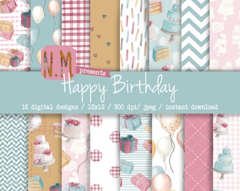Birthday digital paper pack happy birthday digital pattern hand painted watercolor birthday party papers balloons cake candles presents pack