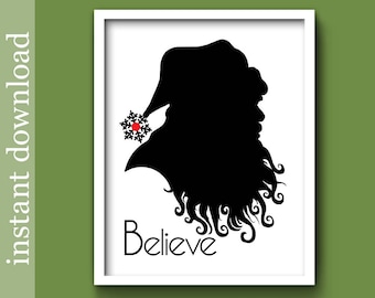 Christmas Printable, Christmas wall art, Santa art print, Santa Believe, Christmas mantle art, Christmas decor, black Christmas, foyer art
