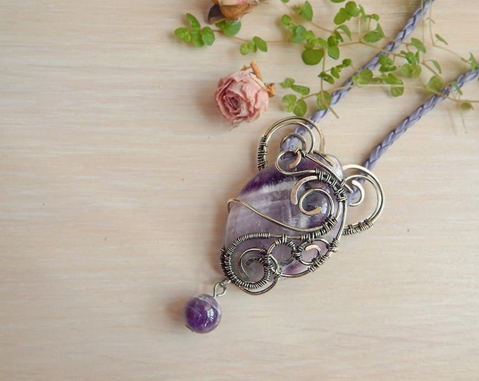 Amethyst pendant, nickel silver wire wrap, Romantic gift for her,heart-shaped, Boho style, Heart pendant, Natural purple stone, Birthstone