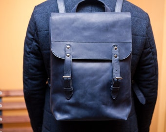 blue leather backpack purse